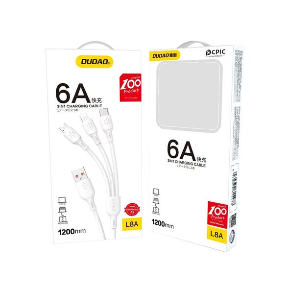 Dudao L8A-3in1 USB-A/USB-C - microUSB - Lightning Cable 480Mb/s 6A 1.2m white
