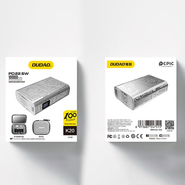 Dudao K20 powerbank USB-A / USB-C 10000mAh 22.5W silver