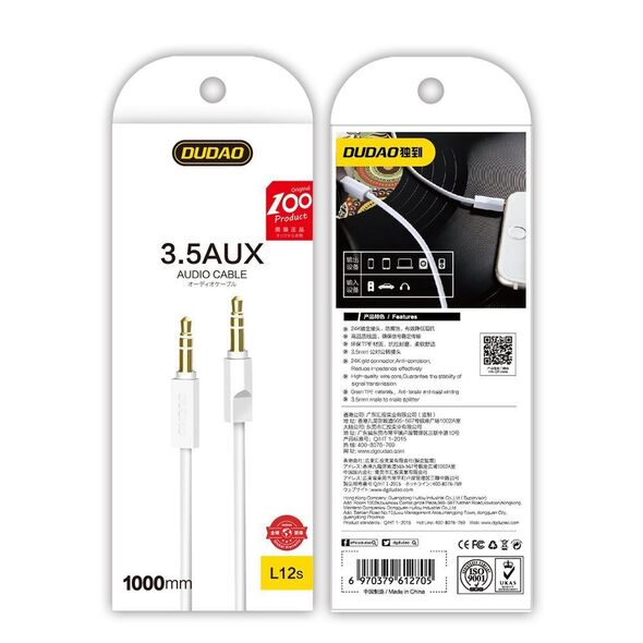 Dudao cable AUX mini jack 3.5mm 1m 3 pole stereo white (L12S white)