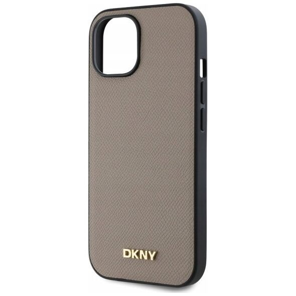 DKNY DKHMP15SPGHLME iPhone 15 6.1" beige/beige hardcase Grained Metal Logo MagSafe