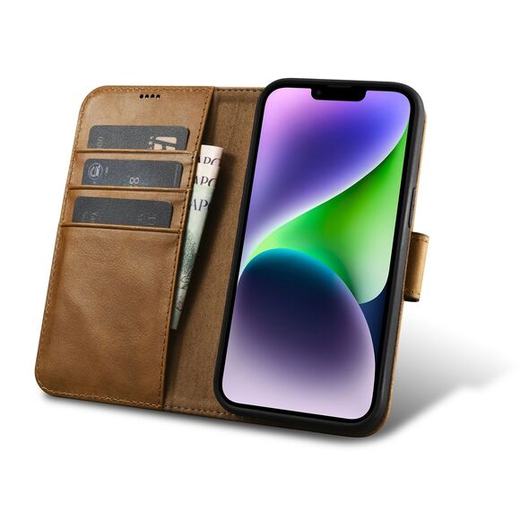 iCarer Oil Wax Wallet Anti-RFID 2in1 Apple iPhone 14 Plus / 15 Plus light brown
