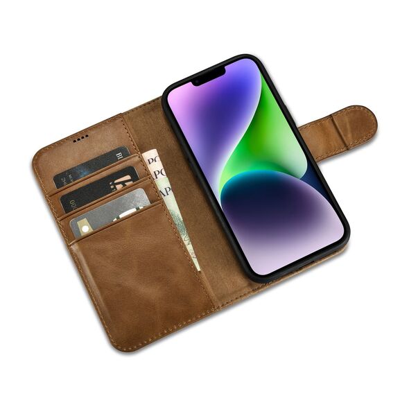 iCarer Oil Wax Wallet Anti-RFID 2in1 Apple iPhone 14 Plus / 15 Plus light brown
