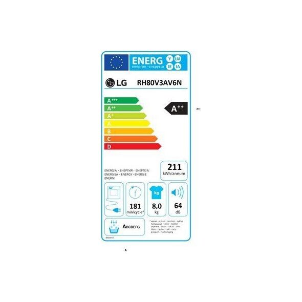 Suszarka do ubrań LG LG Dryer Machine RH80V3AV6N Energy efficiency class A++, Front loading, 8 kg, LED, Depth 69 cm, Wi-Fi, White