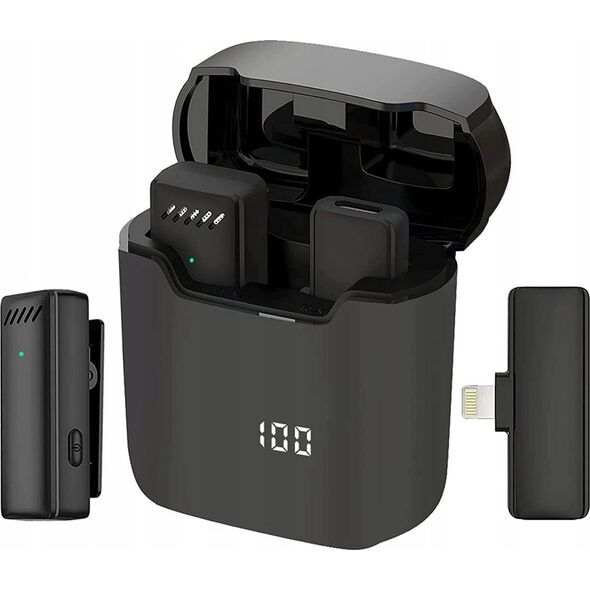 Mikrofon OEM Mikrofon krawatowy bezprzewodowy Lightning z etui ładującym S11 czarny