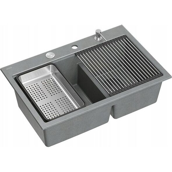 Zlewozmywak GraniteQ MARC 120 WORKSTATION GraniteQ zlewozmywak 2-komorowy 760*500*235 mm silver stone + syfon push to open + dozownik stal szcz.+ wkładka ociekowa+ Qmata +