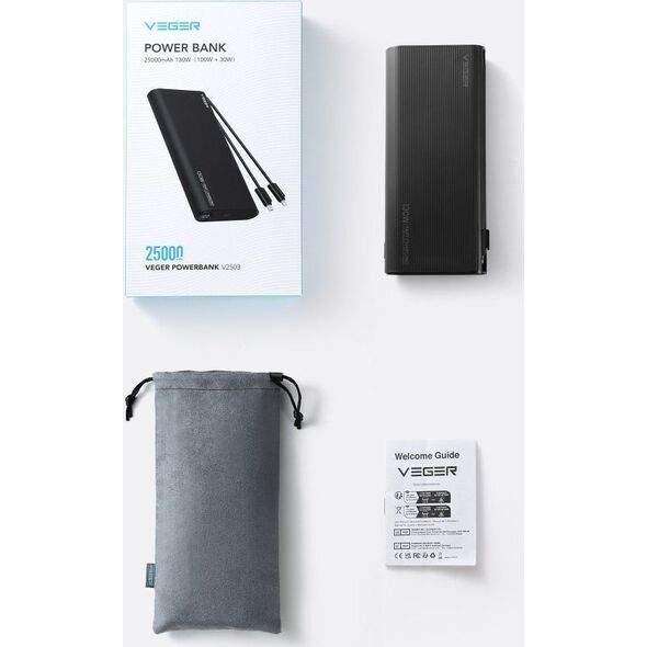 Powerbank Veger VEGER powerbank 25 000 mAh z wbudowanymi kablami Typ C / Lightning PD 130W TCE130 (W2503) czarny