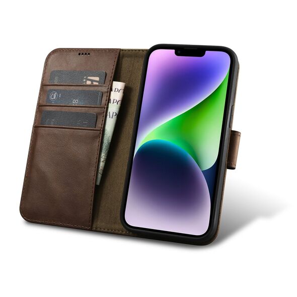 iCarer Oil Wax Wallet Anti-RFID 2in1 Apple iPhone 14 brown