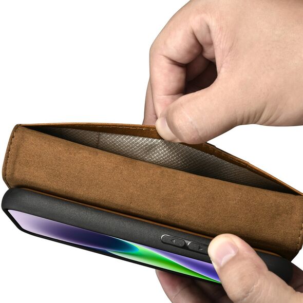 iCarer Oil Wax Wallet Anti-RFID 2in1 Apple iPhone 14 light brown