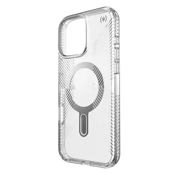 Speck Presidio Perfect-Clear Grip ClickLock & MagSafe Apple iPhone 16 Pro Max (Clear / Chrome Finish / Serene Silver)