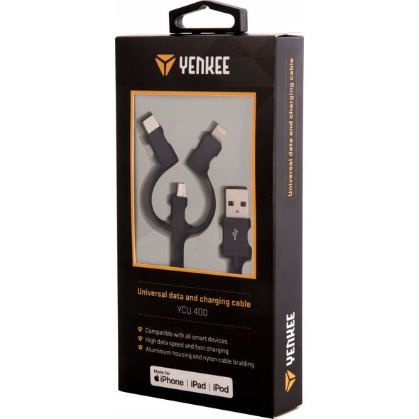 Kabel USB Yenkee USB-A - USB-C + microUSB + Lightning 1 m Czarny (YCU 400BK)