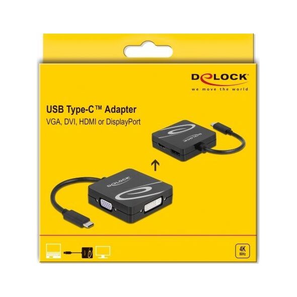 Adapter AV Delock Delock - High Speed - Videoadapter - Single Link - USB-C mannlich zu DB-15, DVI-I, HDMI, DisplayPort weiblich - 10 cm - Schwarz - 4K60Hz (3840 x 2160) Support (DP), 1080p-Unterstutzung, 60 Hz (VGA), 1.200 Pixel Support 60 Hz (DVI)