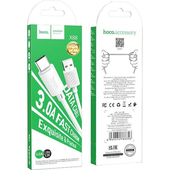 Kabel USB Hoco HOCO kabel USB A do Typ C 3A X88 1 m biały