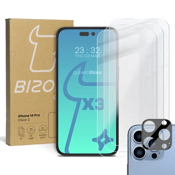 BIZON 3x screen glass + camera glass Apple iPhone 14 Pro