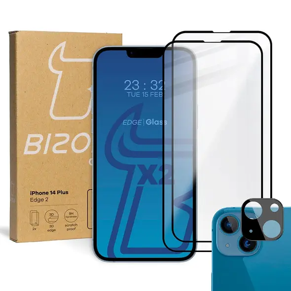 BIZON 2x screen glass + camera glass Apple iPhone 14 Plus