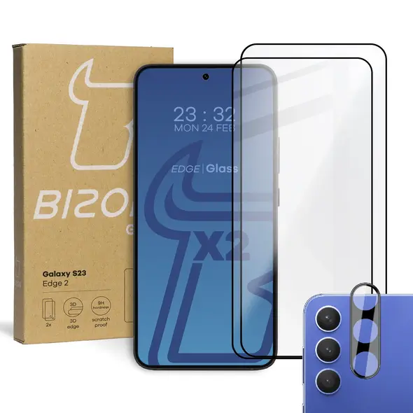 BIZON Edge 2 2x screen glass + camera glass Samsung Galaxy S23