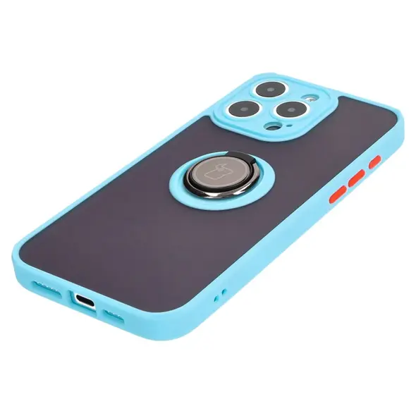 Bizon Case Hybrid Ring Apple iPhone 15 Pro Max smoky with a light blue frame