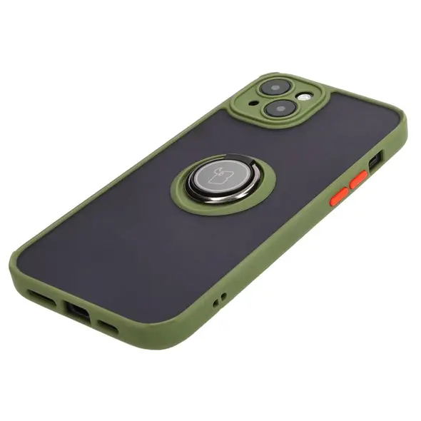 Bizon Case Hybrid Ring Apple iPhone 15 Plus smoky with a green frame