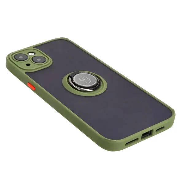 Bizon Case Hybrid Ring Apple iPhone 15 Plus smoky with a green frame