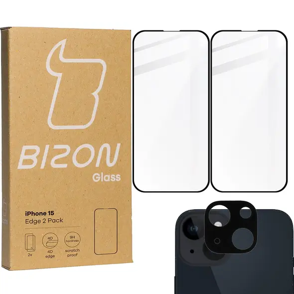 BIZON Edge 2x screen glass + camera glass Apple iPhone 15