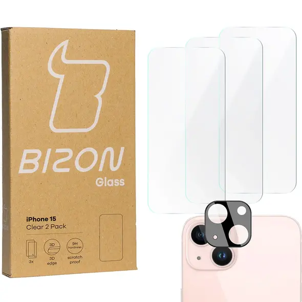 BIZON Clear 3x screen glass + camera glass Apple iPhone 15