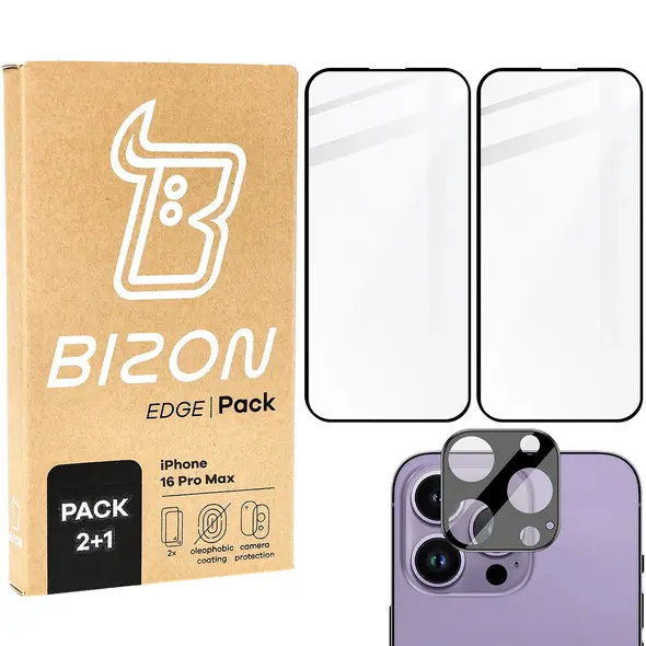 Bizon Edge 2x tempered screen glass with frame + camera glass Apple iPhone 16 Pro Max