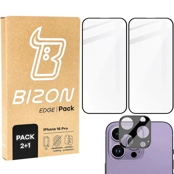 Bizon Edge 2x tempered screen glass with frame + camera glass Apple iPhone 16 Pro