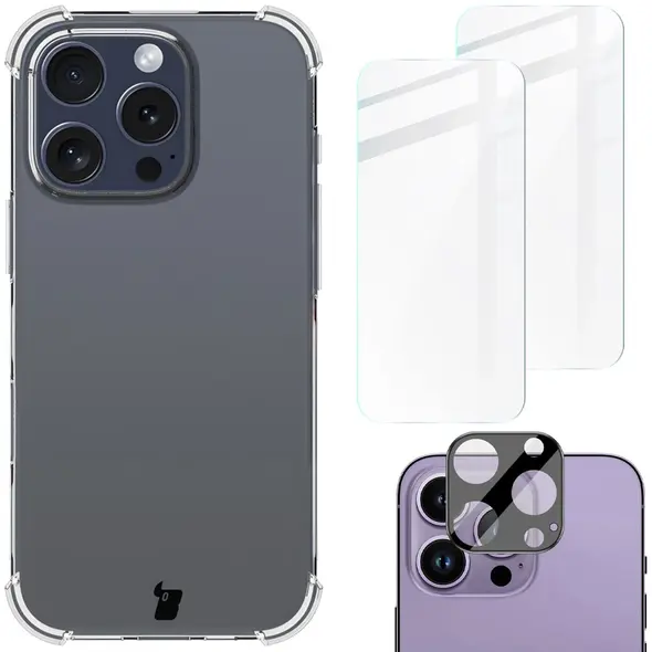 Bizon Case Clear Pack case + 2x tempered glass + lens glass Apple iPhone 16 Pro