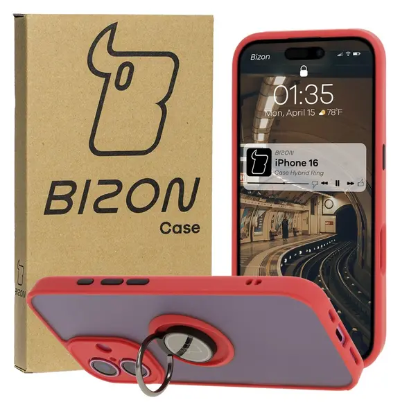Bizon Case Hybrid Ring Apple iPhone 16 smoky with a red frame