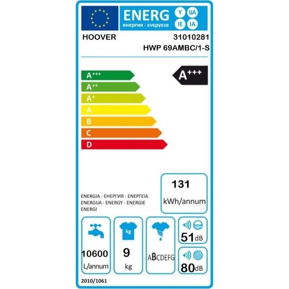 Pralka Hoover Hoover | HWP 69AMBC/1-S | Washing Machine | Energy efficiency class A | Front loading | Washing capacity 9 kg | 1600 RPM | Depth 53 cm | Width 60 cm | Display | LED | Steam function | White