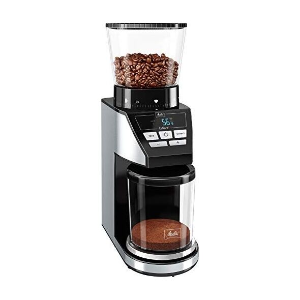 Młynek do kawy Melitta Melitta 1027-01 SST BK elektryczny młynek do kawy Calibra ze stożkowym młynkiem i wyświetlaczem LCD, a także zintegrowaną skalą, 39 ustawień mielenia, pojemność: 375 g, 160, czarny / stal nierdzewna