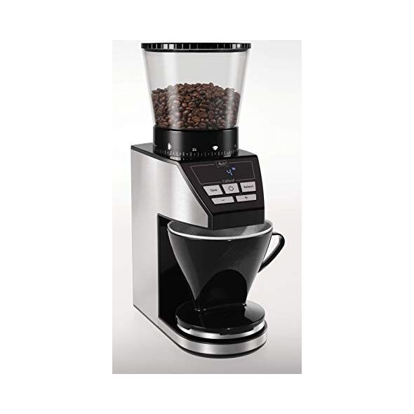 Młynek do kawy Melitta Melitta 1027-01 SST BK elektryczny młynek do kawy Calibra ze stożkowym młynkiem i wyświetlaczem LCD, a także zintegrowaną skalą, 39 ustawień mielenia, pojemność: 375 g, 160, czarny / stal nierdzewna