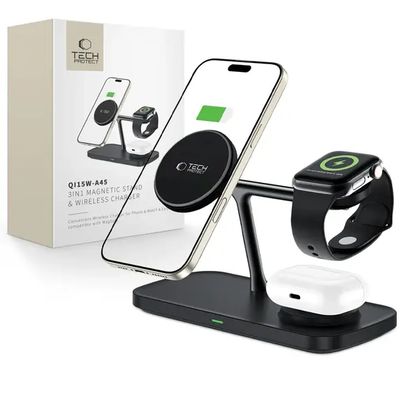 Tech-Protect QI15W-A45 3in1 Magnetic MagSafe Wireless Charger Black