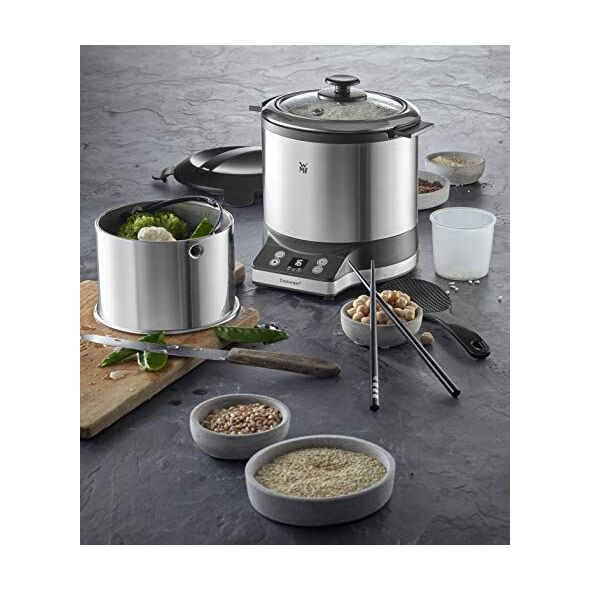 WMF Kuchenka do gotowania ryżu WMF mini (220 W, z pudełkiem na lunch, parowcem, oszczędzająca miejsce, wewnętrzna doniczka z pokrywką na wynos (1,0 l)) cromargan mat