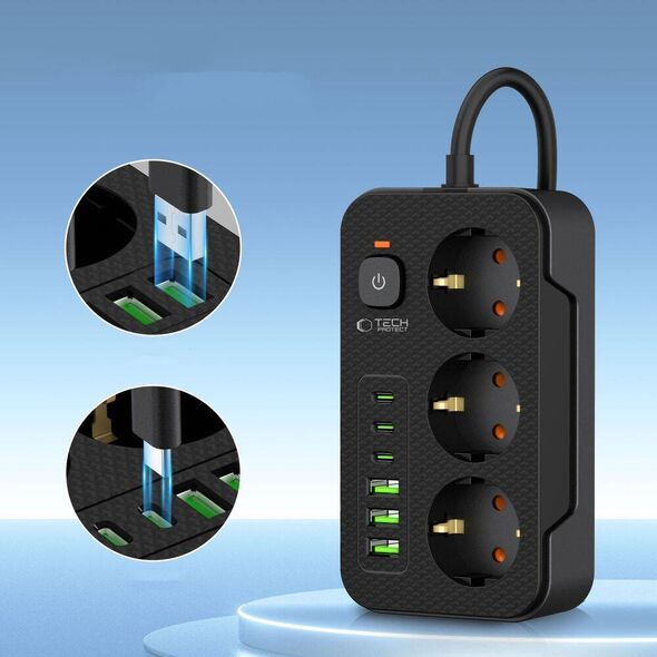 TECH-PROTECT PC3X6 POWER SOCKET 3 USB & 3 TYPE-C & 3 SOCKET 200CM BLACK 5906302310555