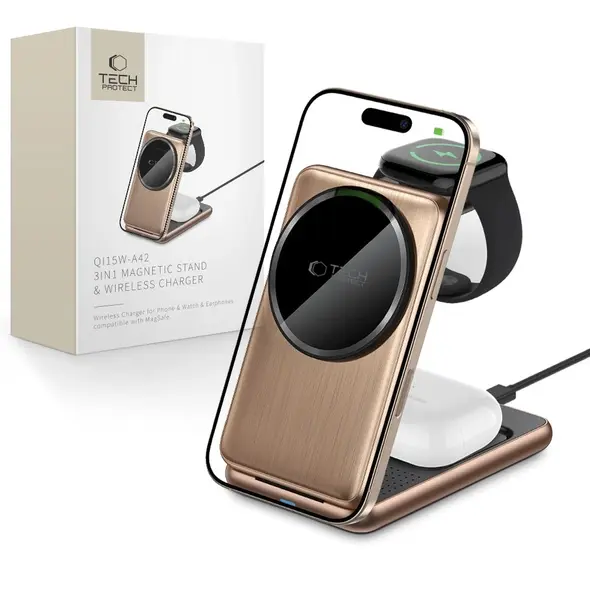 Tech-Protect QI15W-A42 3in1 Magnetic MagSafe Wireless Charger Desert Gold