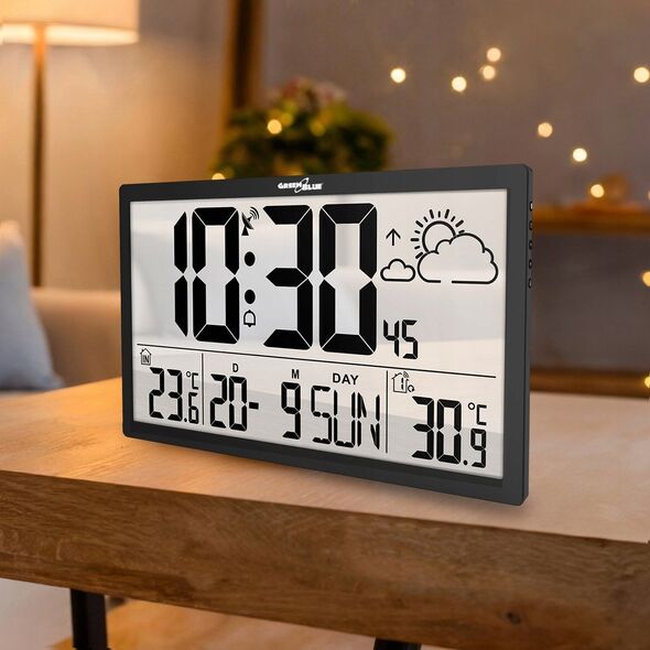 GreenBlue Zegar ścienny LCD bardzo duży GreenBlue GB218 temperatura, data