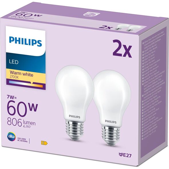Signify Philips LED classic Lampe 60W E27 Warmweiß 806lm matt 2er P