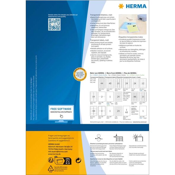 Herma Herma transp. Ετικέτες 210Χ297 100 Φύλλα ματ 80 τεμ. 10783 13934038 4008705107839
