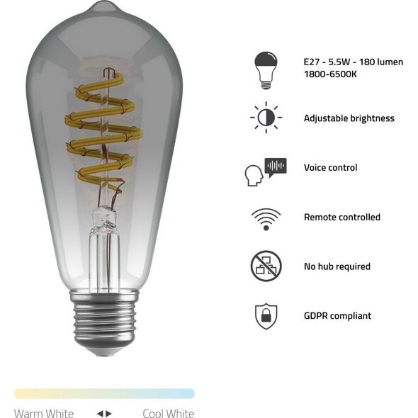 Avanca International BV Hombli smarte Filament Glühbirne, ST64, E27, CCT, Smokey 13875422 8719323918153