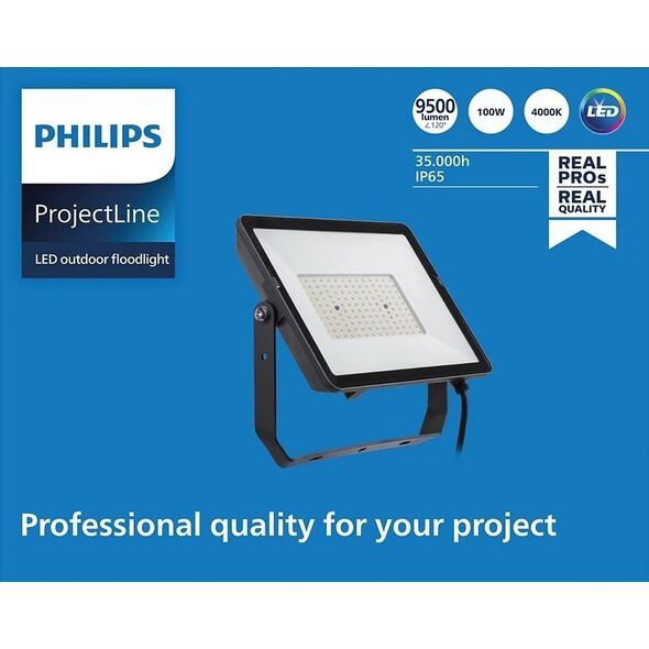 LED spotlight PHILIPS, IP65, 100W, 4000 K, 9500 lm, black, 32.4 x 3.8 x 25.6 cm