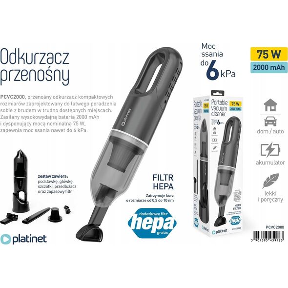 PLATINET CAR VACUUM CLEANER ODKURZACZ SAMOCHODOWY TYPE C 2000 MAH 75W [45972]