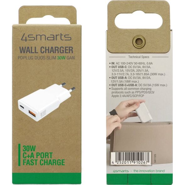 4smarts Netzladegerät PDPlug Slim Duos 30W GaN USB-C+USB-A