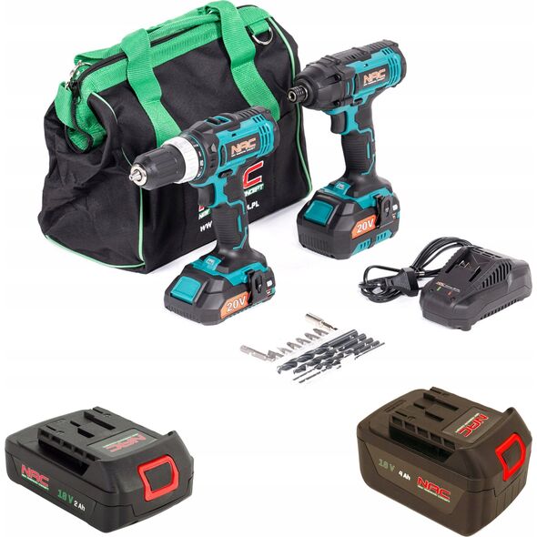 Zestaw elektronarzędzi NAC Zestaw wiertarko-wkrętarka + zakrętak udarowy CDB-ID-ST2-20V NAC + akumulatory 2,0 Ah + akumulator 4,0 Ah + Ładowarka