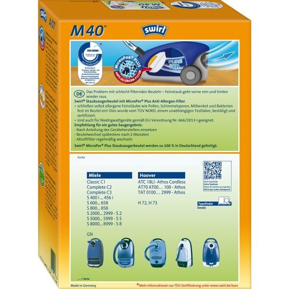 Σακούλα ηλεκτρικής σκούπας Swirl Swirl M 40 Staubsaugerbeutel für Miele und Hoover – passend für Miele Classic C1, Complete C2+3, S 8340 + GN und Hoover H72+73 & AT70 AT Athos 13801452 4006510000000