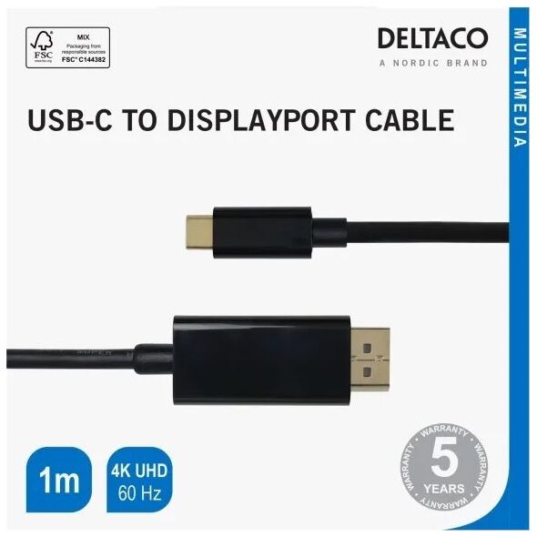 Καλώδιο Deltaco USB-C - DisplayPort καλώδιο DELTACO 4K UHD, paauksuotos jungtys, 1m, juodas / USBC-DP100-K / 00140012 13425961 7333048053046