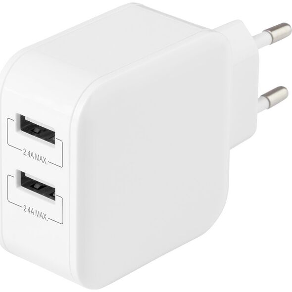Deltaco DELTACO USB φορτιστής sieninis įkroviklis, 2x USB-A 2.4 A, iš viso 24 W, baltas USB-AC175 13434504 7333048047076