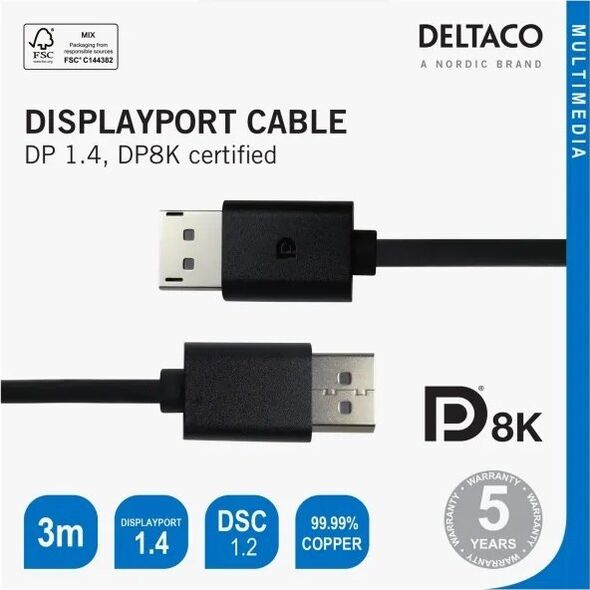 Καλώδιο Deltaco DisplayPort kabelis DELTACO 8K, DP 1.4, 3m, juodas / DP8K-1030-K / 00110016 13435482 7333048051219