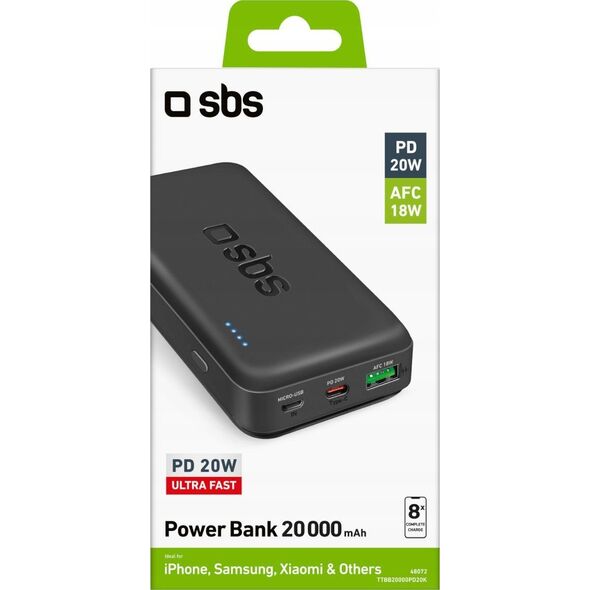 Powerbank SBS TTBB20000PD20K 20000 mAh 20W PD USB-C, USB-A, Micro-USB - czarny