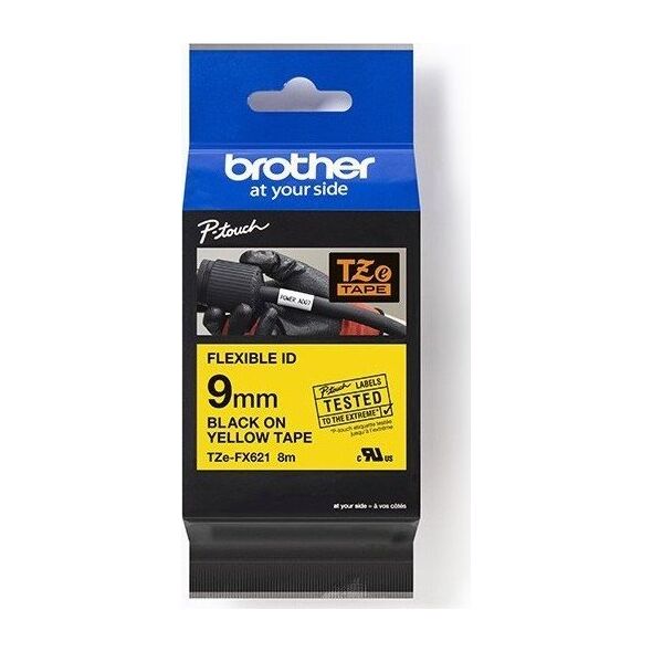 Brother Brother oryginalny taśma do drukarek etykiet, Brother, TZEFX621, czarny druk/żółty podkład, laminowane, 8m, 9mm, flexibilní
