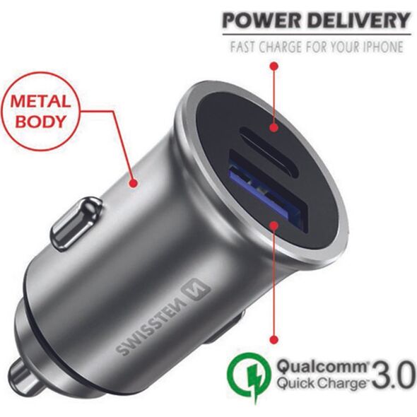 Ładowarka Swissten Ładowarka samochodowa SWISSTEN 36W, 2-portowy, USB-C, USB-A